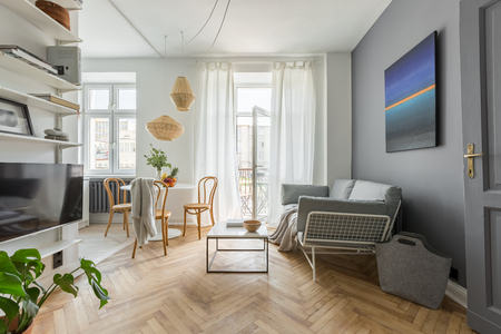 Gray and white apartment in scandinavian style with cozy living roomの写真素材