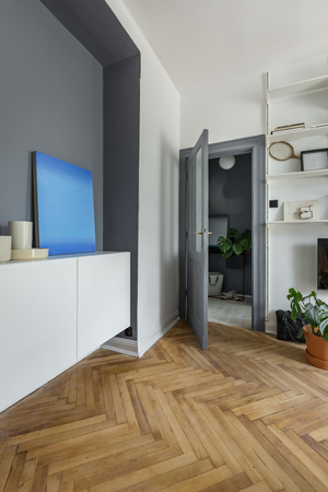 Gray room with white bookshelf, cabinet and modern paintingの写真素材
