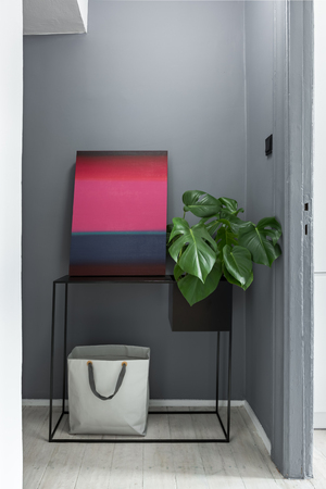 Gray home interior with black table, modern painting and plantの写真素材
