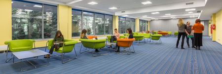 Banner view of spacious university interior with lounge area in modern styleの写真素材
