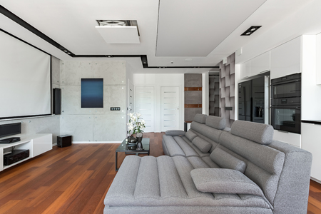 Living room with gray sofa and white open kitchenの写真素材