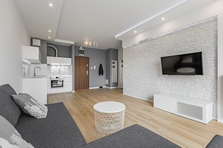 Open living room with tv, couch, brick wall and small kitchenの写真素材
