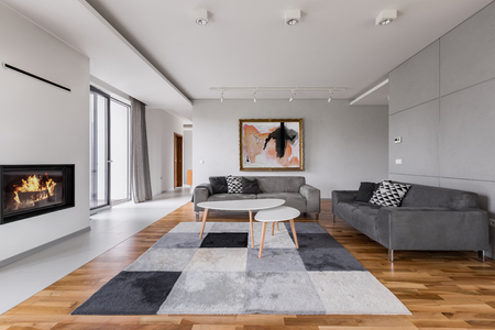 Elegant villa living room with fireplace, two couches and carpetの写真素材