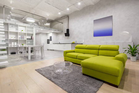 Loft apartment with mezzanine, green sofa, kitchenette and brick ceilingの写真素材