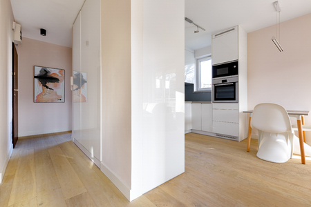 Modern home interior, view from corridor to kitchenの写真素材
