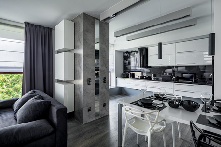 Modern apartment with open kitchen, dining table and sofaの写真素材
