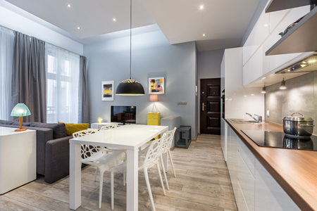 Modern studio flat with kitchenette, dining table, sofa and tvの写真素材