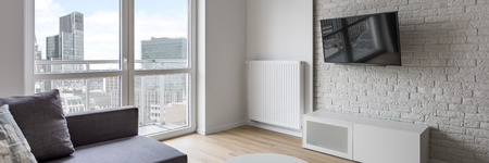 Modern living room with tv, couch, brick wall and balcony, panoramaの写真素材
