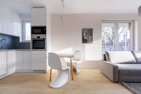 Simple home interior with open kitchen, table and couch