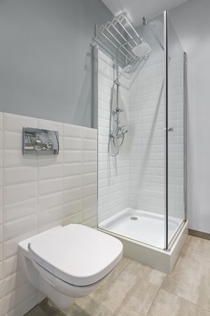 Gray and white bathroom with toilet, shower and modern brick tilesの写真素材