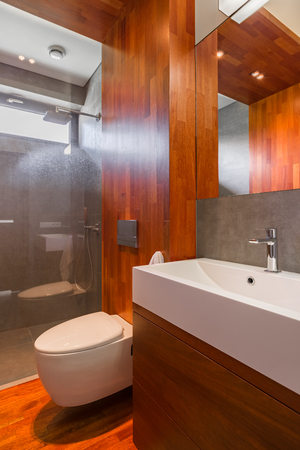 Bathroom with modern shower, toilet and sink and wooden walls, cabinet and floorの写真素材