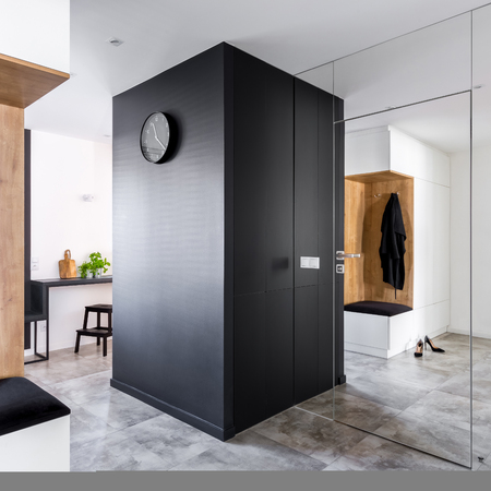 Mudroom with modern mirrored wall open to kitchenの写真素材