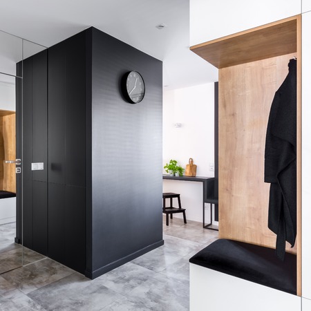 Anteroom with modern mirrored wall open to kitchenの写真素材