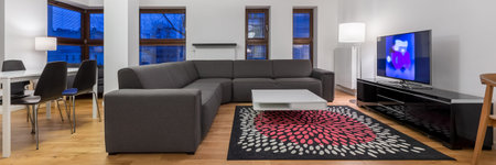 Spacious living room with modern sofa and big windows, panorama