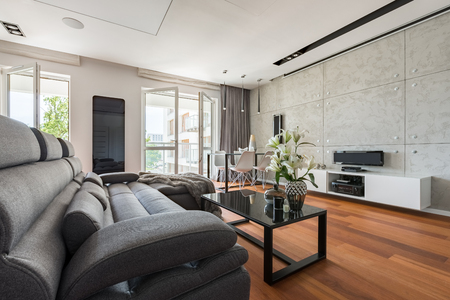 Living room with large sofa, coffee table and cement wallの写真素材
