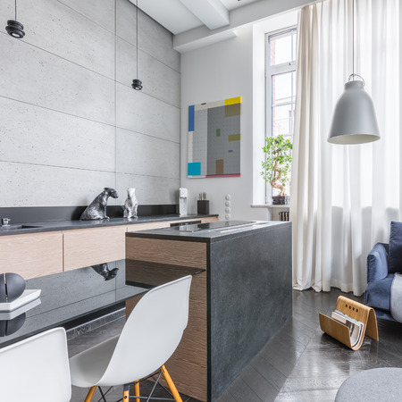 Functional loft interior with kitchen and living room の写真素材