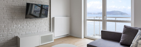 Tv living room with balcony, gray sofa and decorative brick wall, panoramaの写真素材