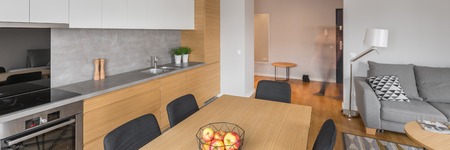 Panoramic view of kitchen and living room in modern apartment の写真素材