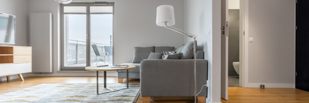 Panoramic view of modern apartment interior, living room, hallway and bathroomの写真素材