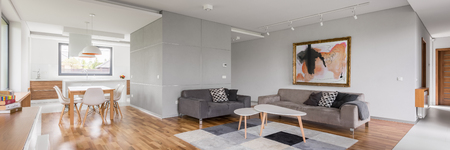 Modern apartment with open living room, kitchenette and dining area, panoramaの写真素材