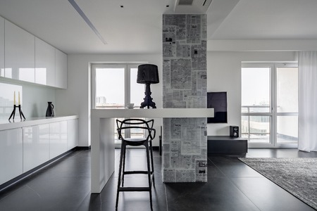 Modern black and white interior with magazine themed wallpaperの写真素材