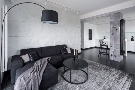 Living room and kitchen in open space modern apartmentの写真素材