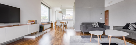 Panoramic view of spacious living room with tv, table and two couchesの写真素材