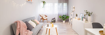 Nordic style living room with couch, cabinet and coffee table, panorama