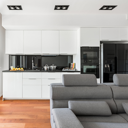 Apartment with gray sofa and modern, white kitchen unitの写真素材