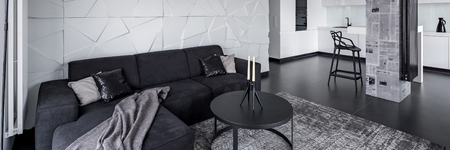 Panoramic view of living room with black, round coffee tableの写真素材