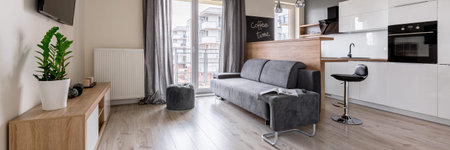 Panorama of contemporary apartment with tv living room and open kitchenの写真素材