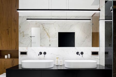 Elegant bathroom with two white and oval washbasins and big mirror with led lightingの写真素材