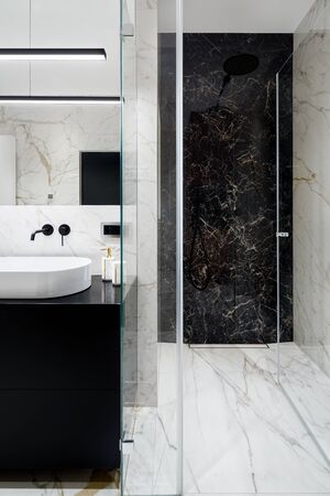 Elegant bathroom with spacious shower with black and bright marble tiles on walls and floorの写真素材
