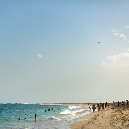 Tropical golden beach with turquoise ocean and tourists, Cabo Verde, Cape Verde