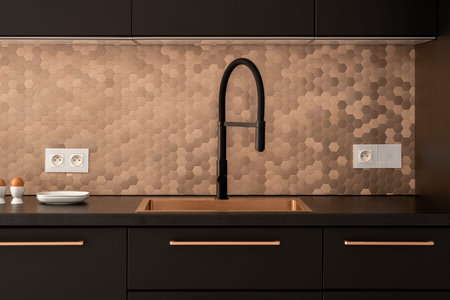 Close-up on elegant kitchen with black countertop, furniture and tap with golden sink, handles and...