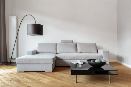 Bright living room with stylish, gray corner sofa and modern, black coffee table