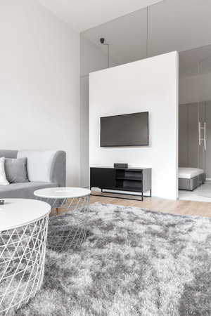 Modern white and gray carpet in living room with big television screen, gray sofa and two, white stylish coffee tablesの写真素材