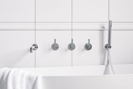 Elegant and fancy, silver wall mounted bathtub faucet and shower and wall with white tiles