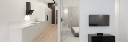 Panorama of bright apartment with kitchen in corridor, television and bedroom behind decorative wall...