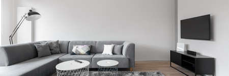 Panorama of simple and elegant living room with white walls, big corner sofa, modern coffee tables and big tv screenの写真素材