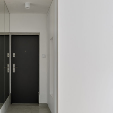 Simple and narrow white apartment corridor with mirror wall, black doors and concrete ceilingの写真素材