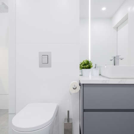 Small white bathroom with toilet and simple washbasin with gray chest of drawersの写真素材