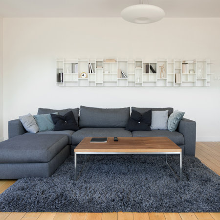 Decorative white shelf in simple living room with big, corner sofa, wooden coffee table and fluffy carpetの写真素材