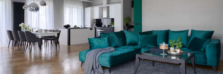 Panorama of spacious apartment with beautiful kitchen with kitchen island and dining table and elegant living room with stylish green corner sofa and modern coffee tableの写真素材