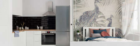 Small and beautiful designed studio apartment with modern kitchen next to stylish bedroom with decorative wallpaperの写真素材