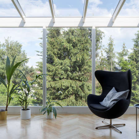 Relax area by oriel window with wooden floor, green houseplants, nice forest view and stylish black armchairの写真素材