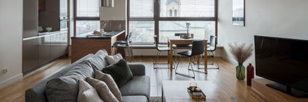 Panorama of small and stylish studio apartment with big windows and living room, kitchen and dining area in one roomの写真素材