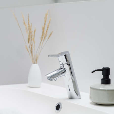 Close-up on simple silver tap in classic bathroom washbasin with soap dispenser and vase with dried grassの写真素材