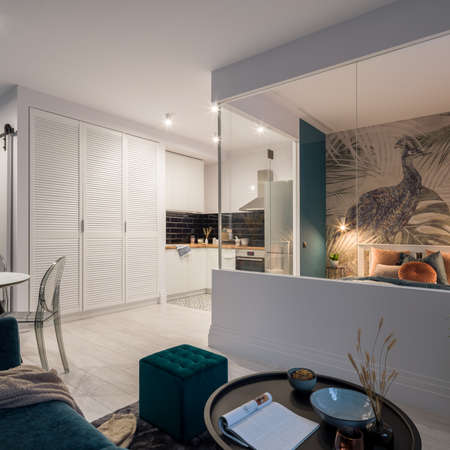 Small and stylish studio apartment with living room open to kitchen and bedroom behind glass wall and with lights onの写真素材