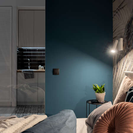 Stylish bedroom with cozy bed and warm lighting and with glass wall and kitchen viewの写真素材